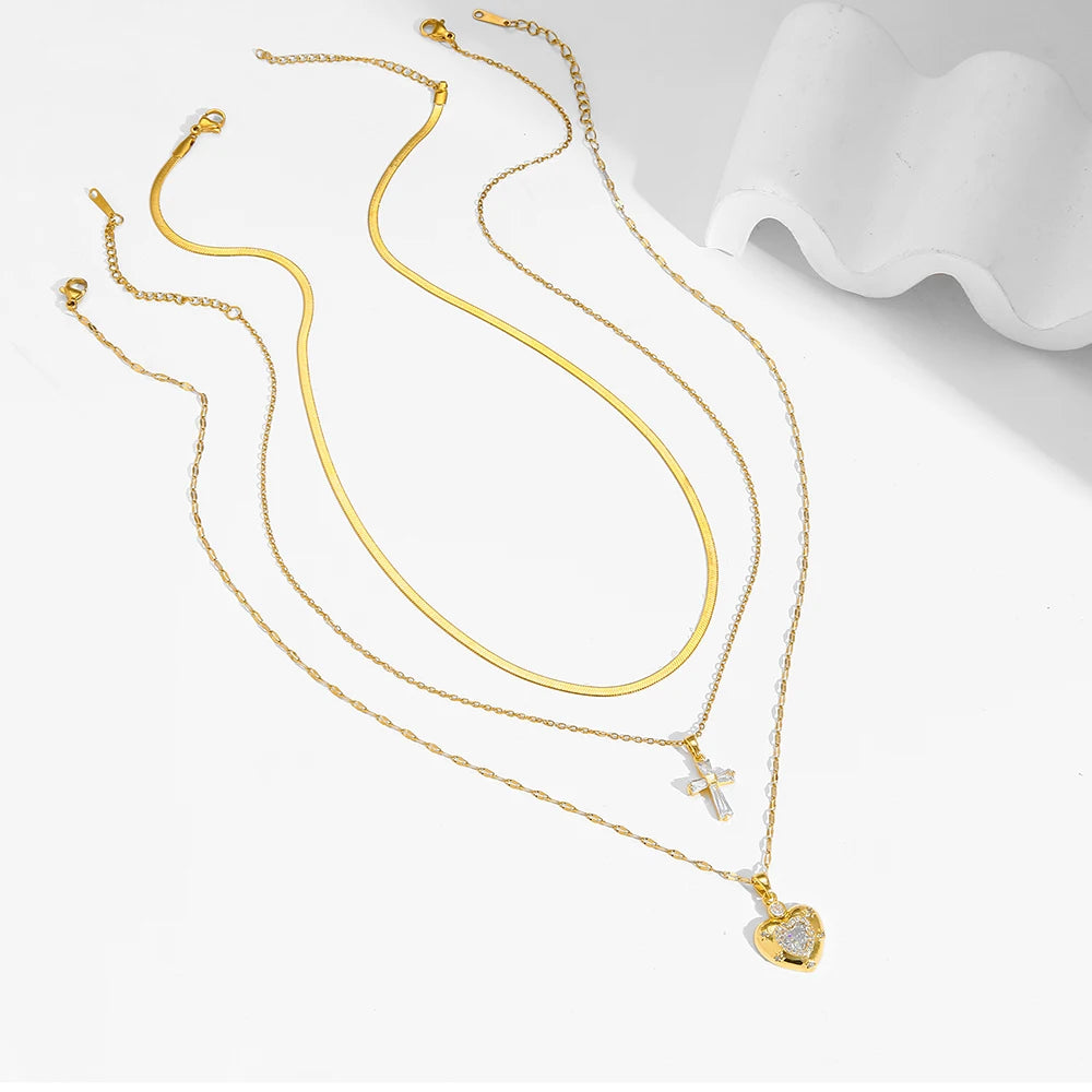 Women's High-End Heart-Shaped Necklace with Zircon Cross Pendant Stainless Steel Collarbone Chain Fashionable Jewelry