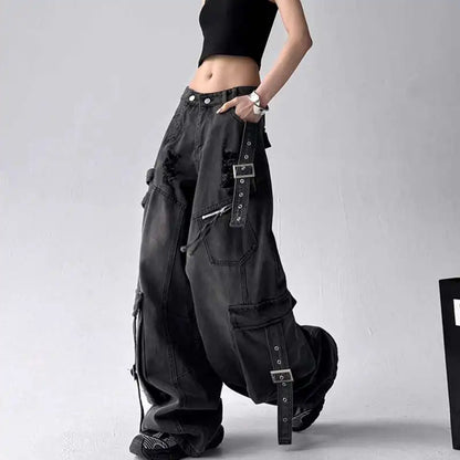 Women Jeans Design Deconstructes Drifting Strips Broken Holes Black Jeans For Women 2025 Spring New Multi Pocket Wide Leg Pants
