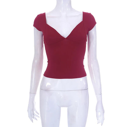 2000s  Tops for Women Fairy Grunge Clothes Sweet Solid Color V Neck Short Sleeve Tanks Aesthetic T Shirt Streetwear