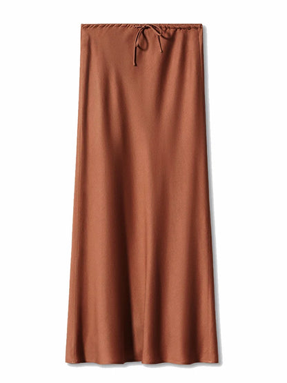 Long Black Satin Skirts Women For Work Summer Autumn Straight Brown Skirt Long Belt Coffee Formal Silk Maxi Skirt For Ladies