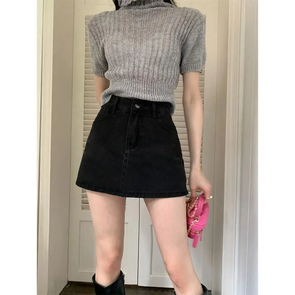 Fashion High Waist Mini Skirt Retro Slim Fit Short Skirt A-Line Casual Jean Skirt Girls