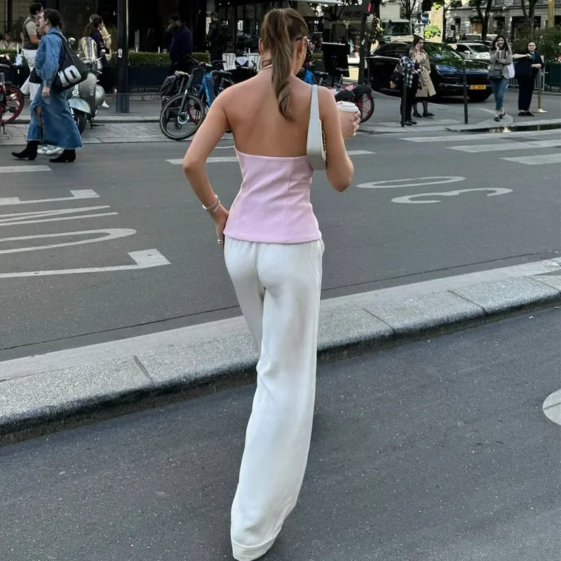 Bow Backless Vest Women Summer Sleeveless Halter Hollow Top Elegant Slim Skirt New Y2k Female Tanks Short Top Office