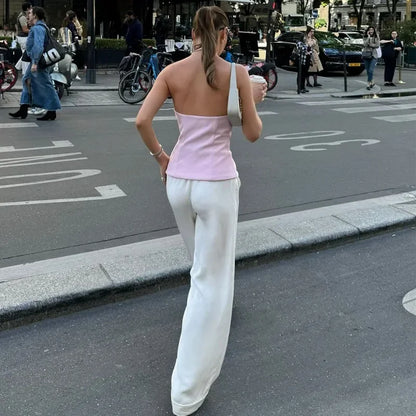 Bow Backless Vest Women Summer Sleeveless Halter Hollow Top Elegant Slim Skirt New Y2k Female Tanks Short Top Office