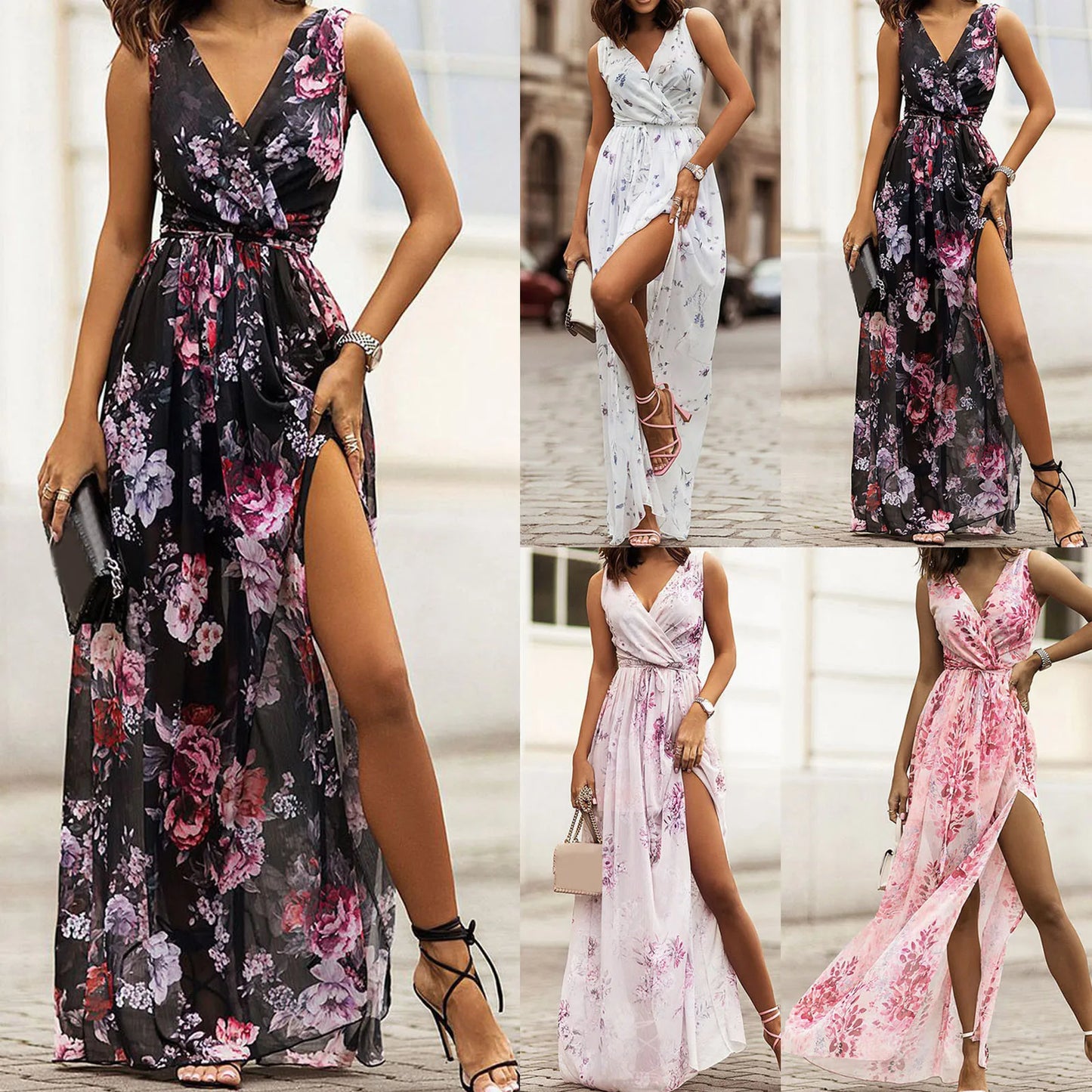Dresses For Women Evening Dress Printed V Neck Sleeveless Dress Beach Vacation Chiffon Evening Party Long High Slit Dress