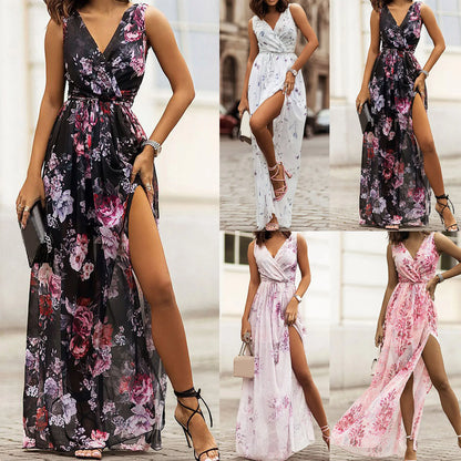 Dresses For Women Evening Dress Printed V Neck Sleeveless Dress Beach Vacation Chiffon Evening Party Long High Slit Dress