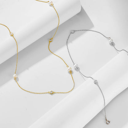 fashion jewelry 925 sterling silver necklaces natural freshwater pearl round zircon gold plated necklaces for women