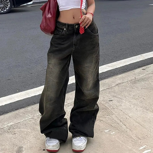 Low Waist Jeans for Women Goth Y2k Style Baggy Jeans Punk New Jeans Wide Leg Denim Pants Kpop Casual Loose Streetwear