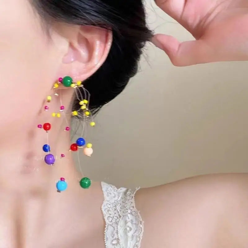 Long Colorful Earrings with Beads Colorful Beaded Earrings Eye Catching Earwear