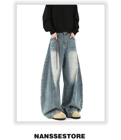 Women Blue Jeans Cargo Pants Streetwear High Waist American Wide Leg Pants Fashion Y2K Style Female Winter Straight Trousers