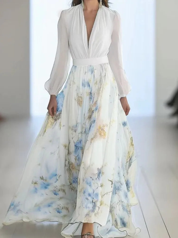 Women Elegant Print Dress Fashion Long Sleeve Deep V Neck High Waist Loose Dresses Robe Femme Holiday Party Womens Clothing New