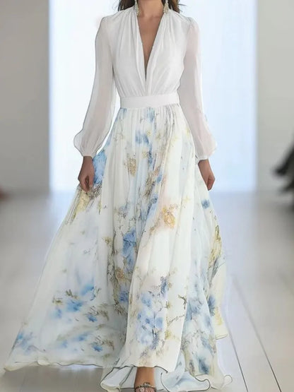 Women Elegant Print Dress Fashion Long Sleeve Deep V Neck High Waist Loose Dresses Robe Femme Holiday Party Womens Clothing New
