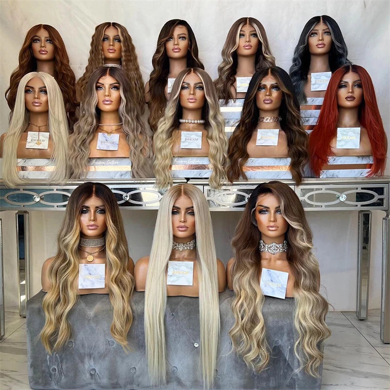 Wig female Ombre Platinum Blonde with Ash Brown Roots Natural Wig Synthetic Fibre Mixed Human Hair Wig Straight Full Wig HD Lace