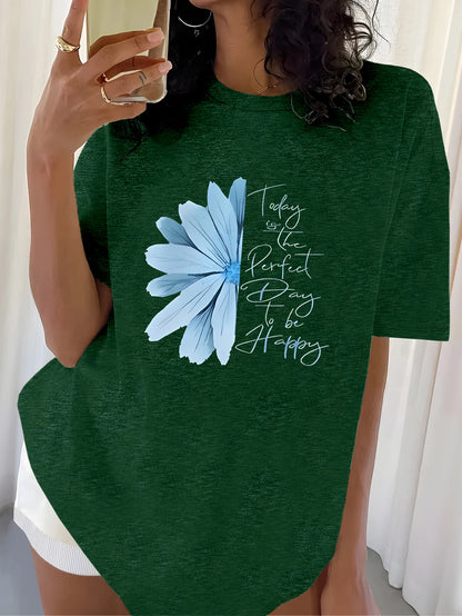 Plus Size Tops Women Clothes Inspirational - style Black T - shirt with Flower Motif Print ，Soft And Comfortable，Summer Outfits