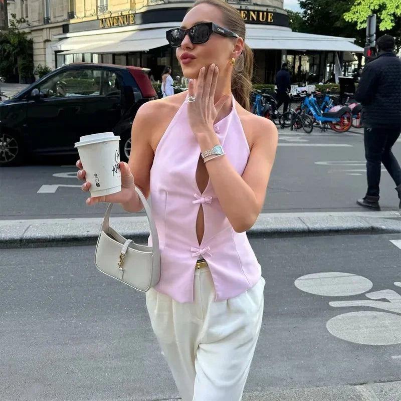 Bow Backless Vest Women Summer Sleeveless Halter Hollow Top Elegant Slim Skirt New Y2k Female Tanks Short Top Office