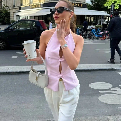 Bow Backless Vest Women Summer Sleeveless Halter Hollow Top Elegant Slim Skirt New Y2k Female Tanks Short Top Office