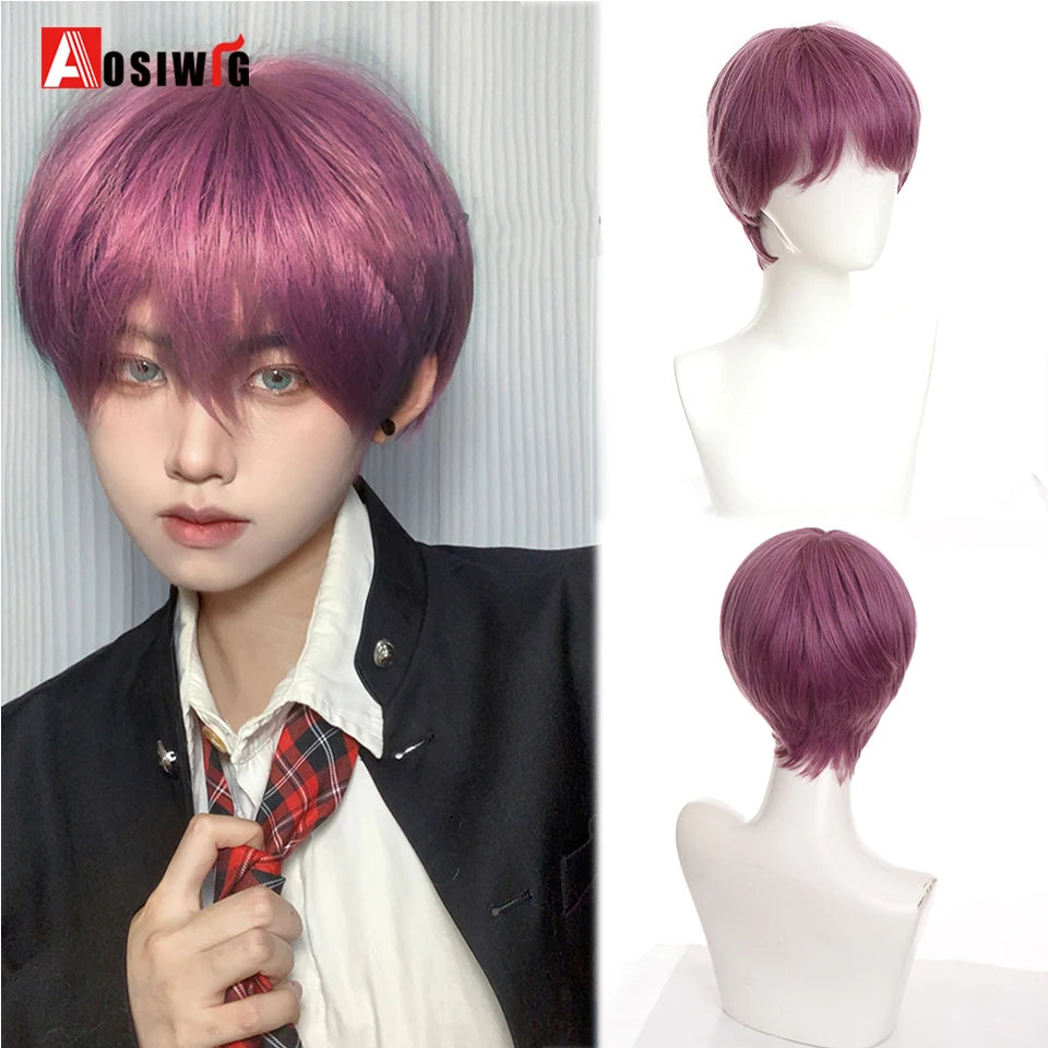 AOSIWIG  Short Curly Cosplay Men Boy Party Light Yellow Synthetic Heat Resistant Hair Wigs Men's Breathable Wig