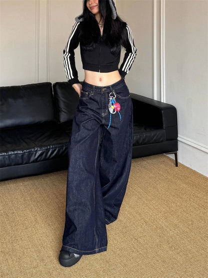 Women's Vintage Deep Blue Loose Wide Leg Jeans Street Cool Girl High Waist Baggy Pants Female Casual Straight Denim Trousers