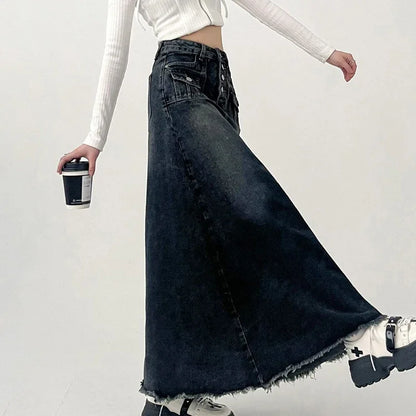 Vintage Denim Long Skirt for Women 2023 Spring Summer High Waist Button Raw Edge A-Line Skirt Female Harajuku Street Jean Skirts