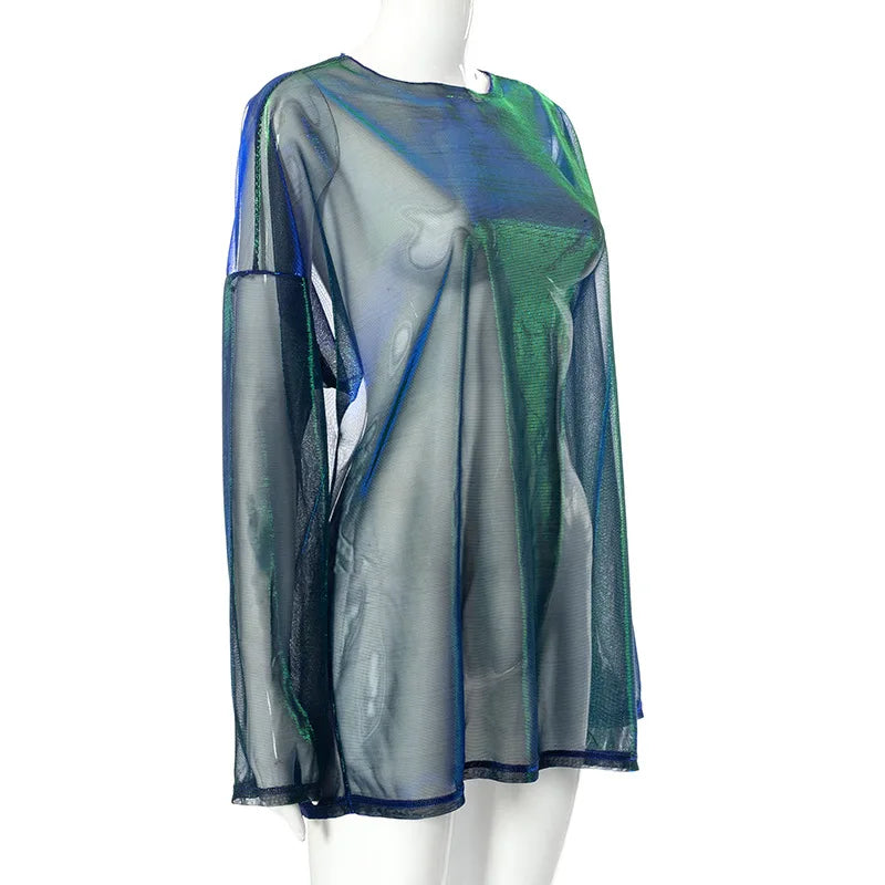 See Through T Shirts For Women Y2k Clothes Sexy Crop Tops Long Sleeve Oversized Tshirt O-Neck Club Outfit Reflective Egirl Tees