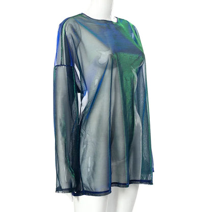 See Through T Shirts For Women Y2k Clothes Sexy Crop Tops Long Sleeve Oversized Tshirt O-Neck Club Outfit Reflective Egirl Tees