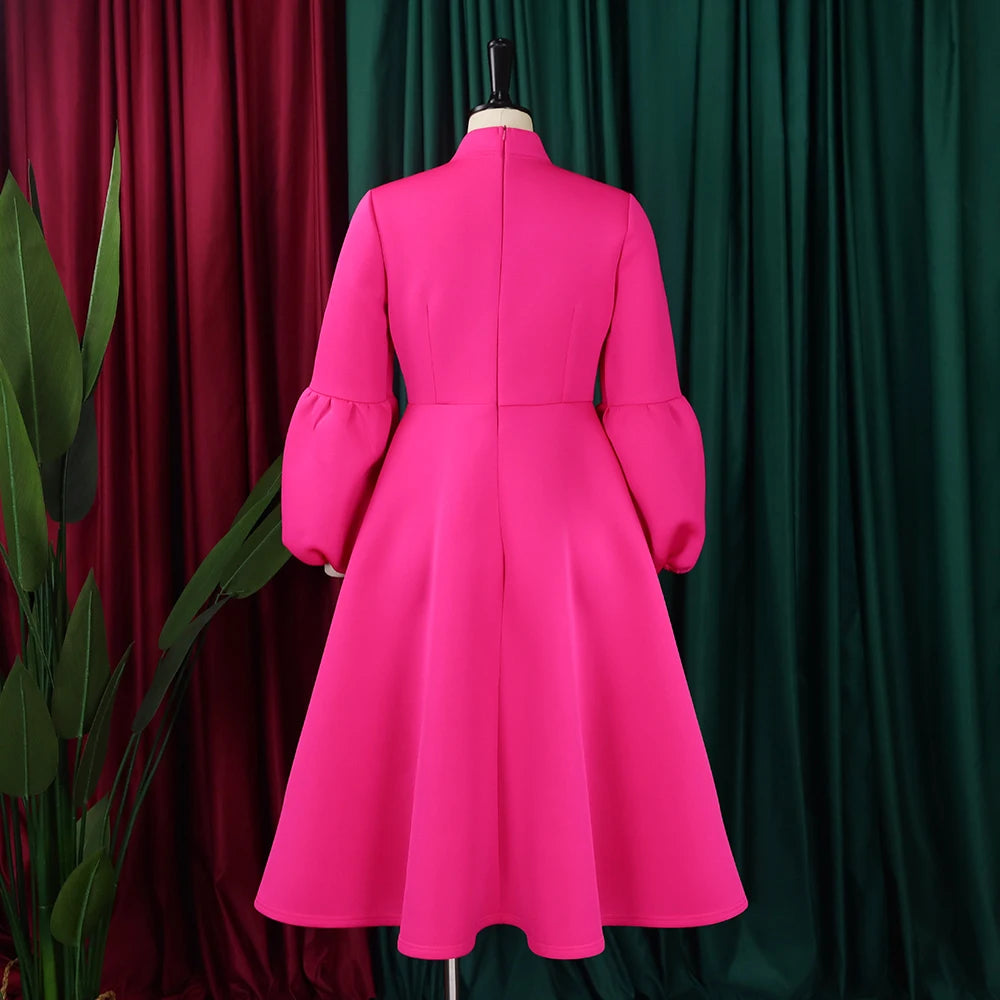 Elegant Dresses for Women Bow Collar Full Sleeve High Waisted A Line Mid Calf Luxury Female Birthday Party Dinner Vestidos Mujer