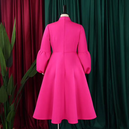 Elegant Dresses for Women Bow Collar Full Sleeve High Waisted A Line Mid Calf Luxury Female Birthday Party Dinner Vestidos Mujer