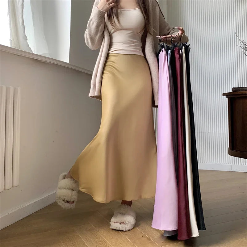 Satin Skirts for Women Korean Reviews Many Girls Clothes Women's 2025 Summer NEW High Waisted Mid Long Skirts Fashion women skir