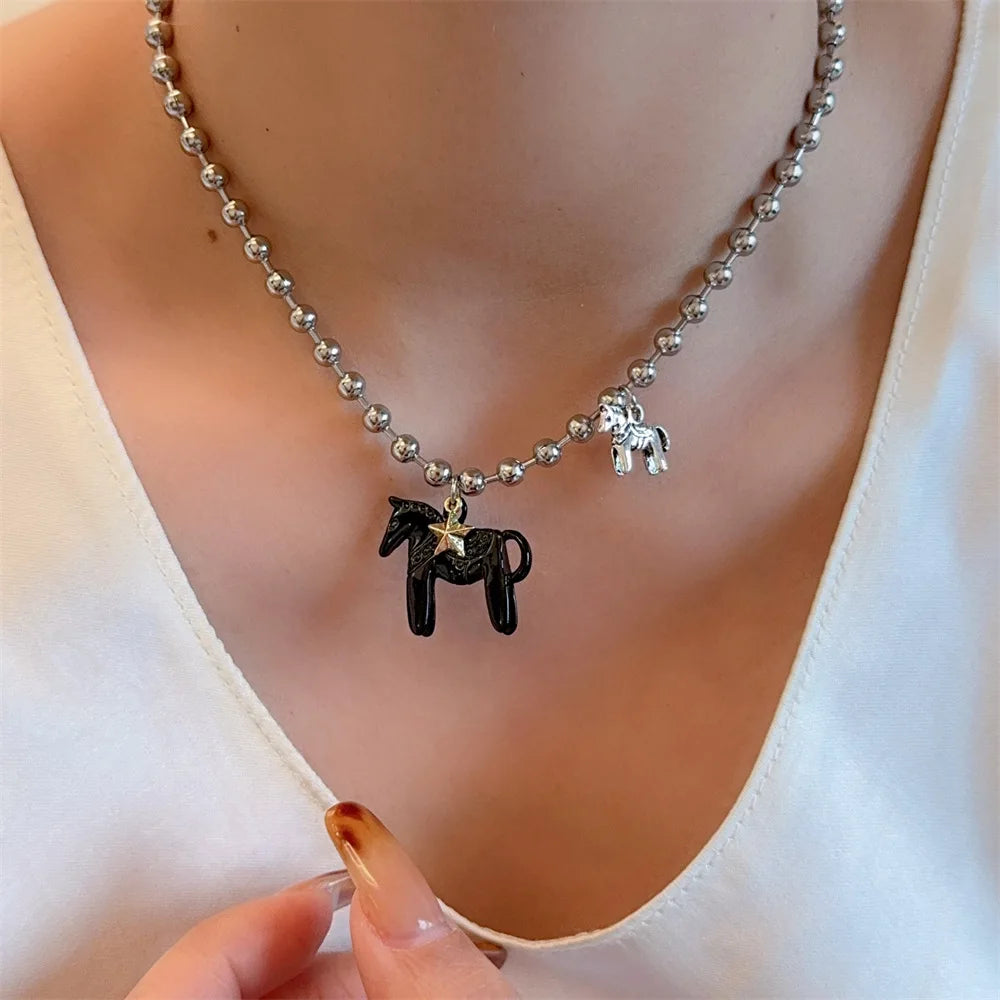LATS White Black Green Blue Pink Color Enamel Colt Horse Pendant Necklaces for Women Silver Plated Alloy Beads Chain Chokers