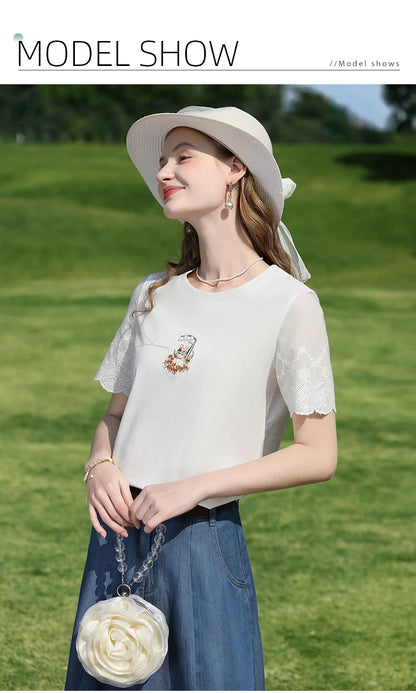 I BELIEVE YOU Top For Women 2025 New Summer T-shirt White O-Neck Studded Beads Embroidery Splicing Commuting T-shirt 2252016014