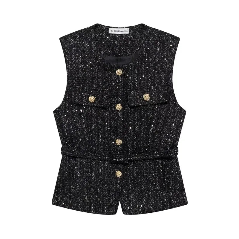 Women's Tweed Waistcoat With Belt, O Neck, Sleeveless, Front Button, Female Outerwear, Chic Tops, Fashion