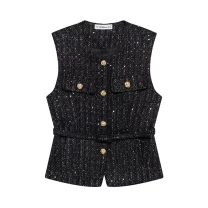 Women's Tweed Waistcoat With Belt, O Neck, Sleeveless, Front Button, Female Outerwear, Chic Tops, Fashion