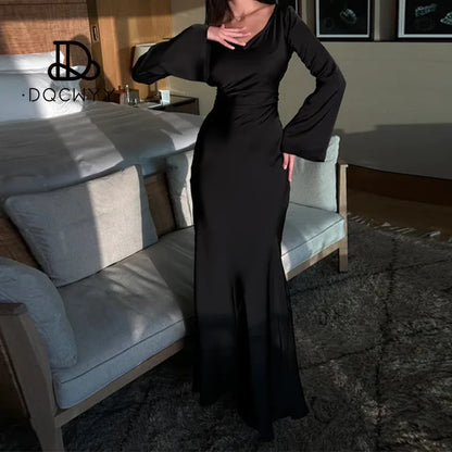 Womens Dresses 2025 New Long Dresses Fashion Simple Round Neck Satin Flare Sleeve Lace Up Slim Evening Party Dresses Sexy Dress