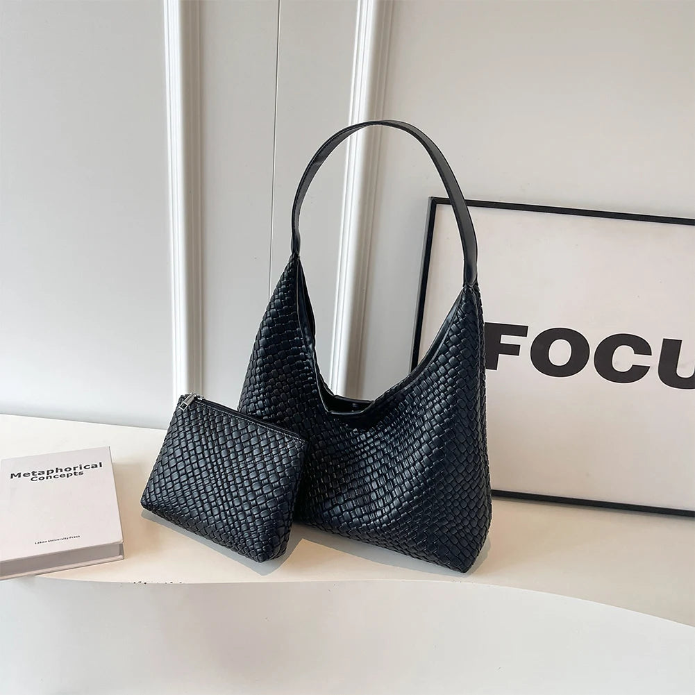 Women Large Shoulder Bag with Pouch Top Handle Bag Trendy PU Woven Tote Bag Leather Armpit Handbag Commuting Bag