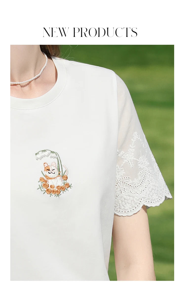 I BELIEVE YOU Top For Women 2025 New Summer T-shirt White O-Neck Studded Beads Embroidery Splicing Commuting T-shirt 2252016014