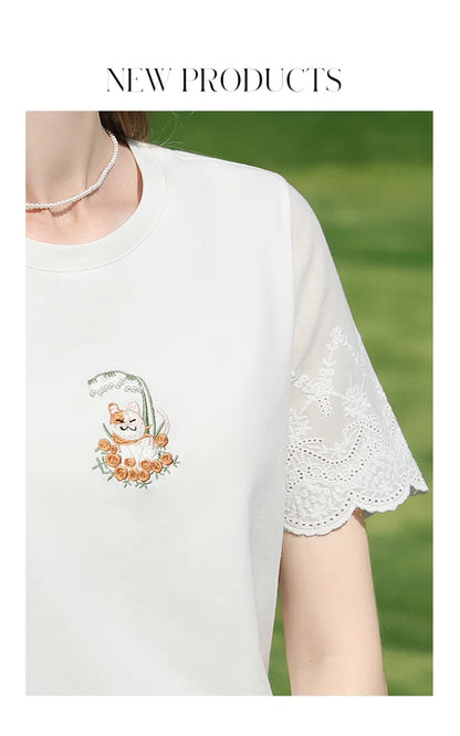 I BELIEVE YOU Top For Women 2025 New Summer T-shirt White O-Neck Studded Beads Embroidery Splicing Commuting T-shirt 2252016014