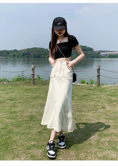 Apricot Denim Skirt Summer Women's 2024 New High Waist Slim Fashion Design Pocket Hip A-line Ankle-length Jean Skirt