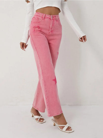 Women's Pink Jeans Star Print Flared High Waist Denim Trousers Stylish and Comfortable Outfit Option
