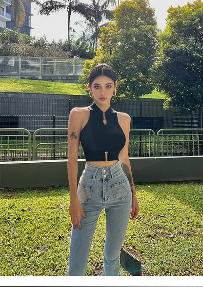 Women Y2K Sexy Tank Tops Chic Tops Halter Off Shoulder Crop Top Camis Elastic Slim Solid Knit Sports Solid Tank Tops 2024 Summer