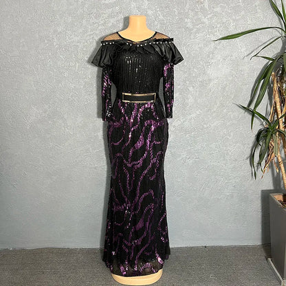 African Dresses For Women 2022 Lady Elegant Glittering Evening Dress Sparkle Sequin Sexy Sheath Maxi Party Gowns Come With Belt