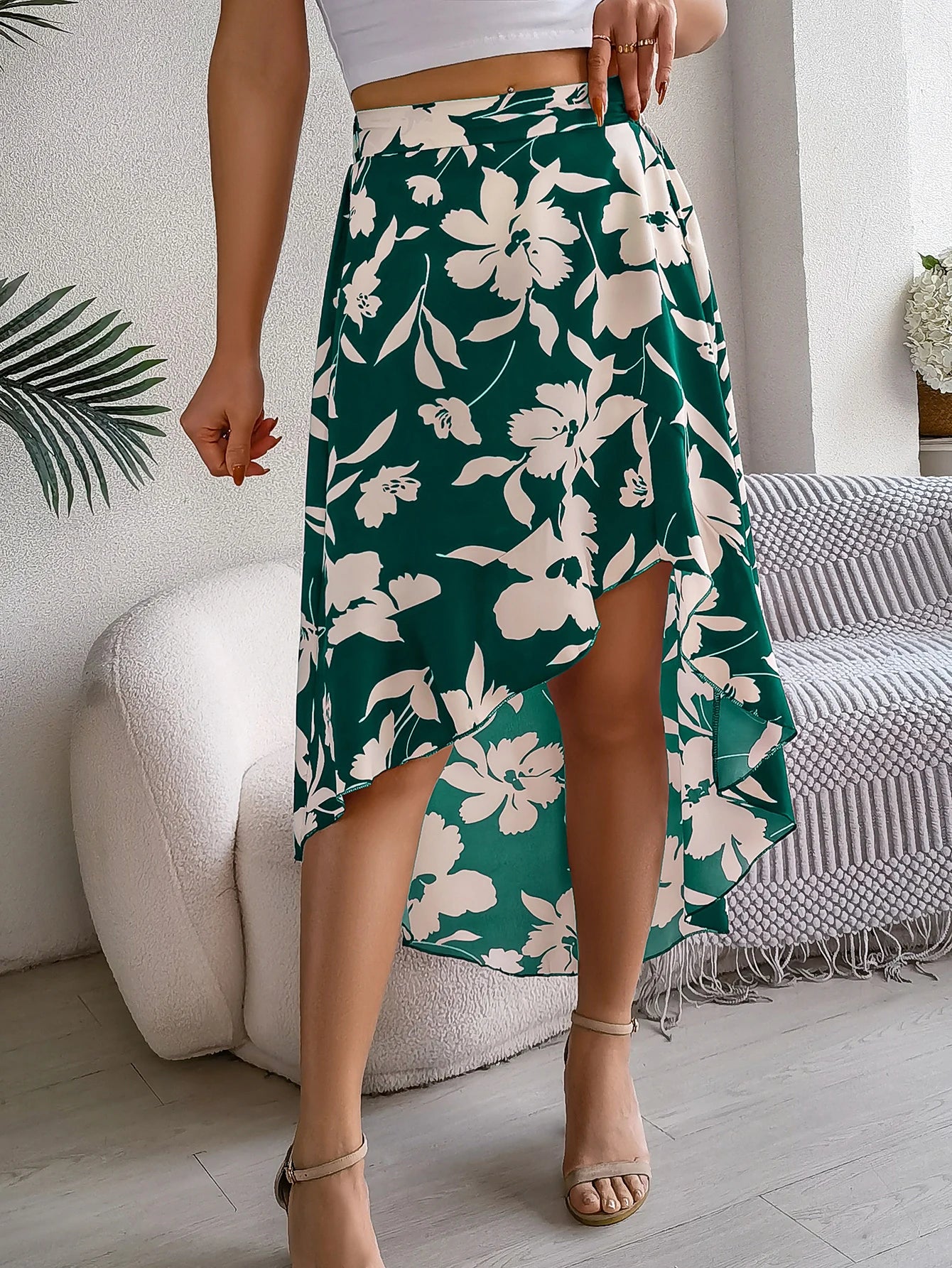 Spring Summer Skirts for Women Casual Floral Print Asymmetric Ruffle Edge Skirt