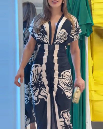 Women Elegant Dresses Temperament Commuting Floral Print V Neck Short Sleeve Ruched Dress Women's Casual Waist Slit Midi Dress