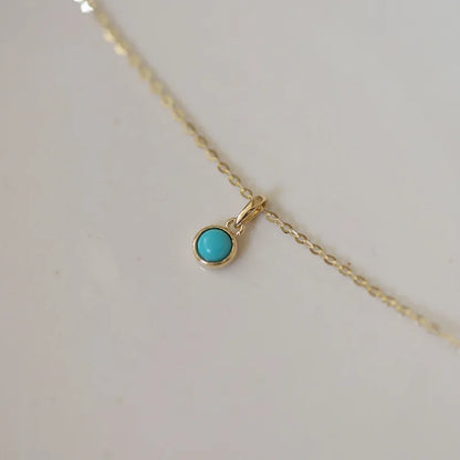 Retro 925 Sterling Silver 14k Gold Plated Necklace for Women Blue Turquoise Mini Geometric Round Pendant Clavicle Chain