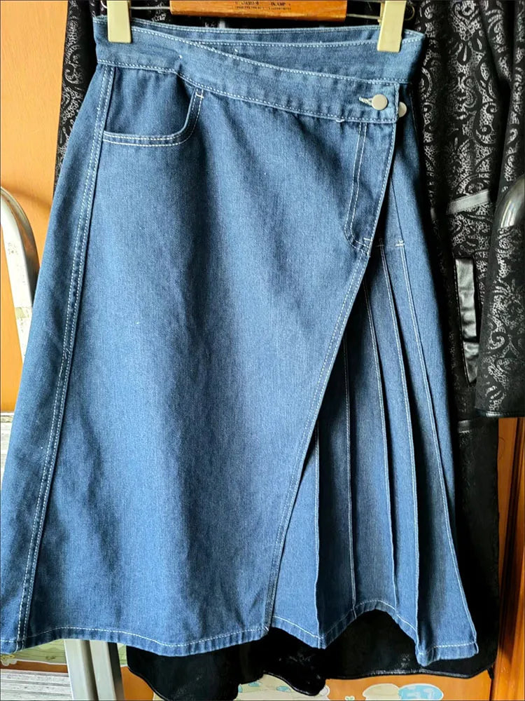 Irregular Pleated Baggy Denim Skirt Women Casual High Waist Vintage Faldas Korean Fashion Streetwear Loose A-lined Jean Skirts