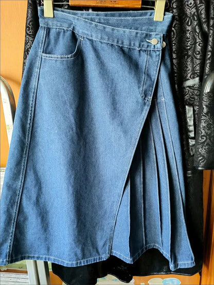 Irregular Pleated Baggy Denim Skirt Women Casual High Waist Vintage Faldas Korean Fashion Streetwear Loose A-lined Jean Skirts