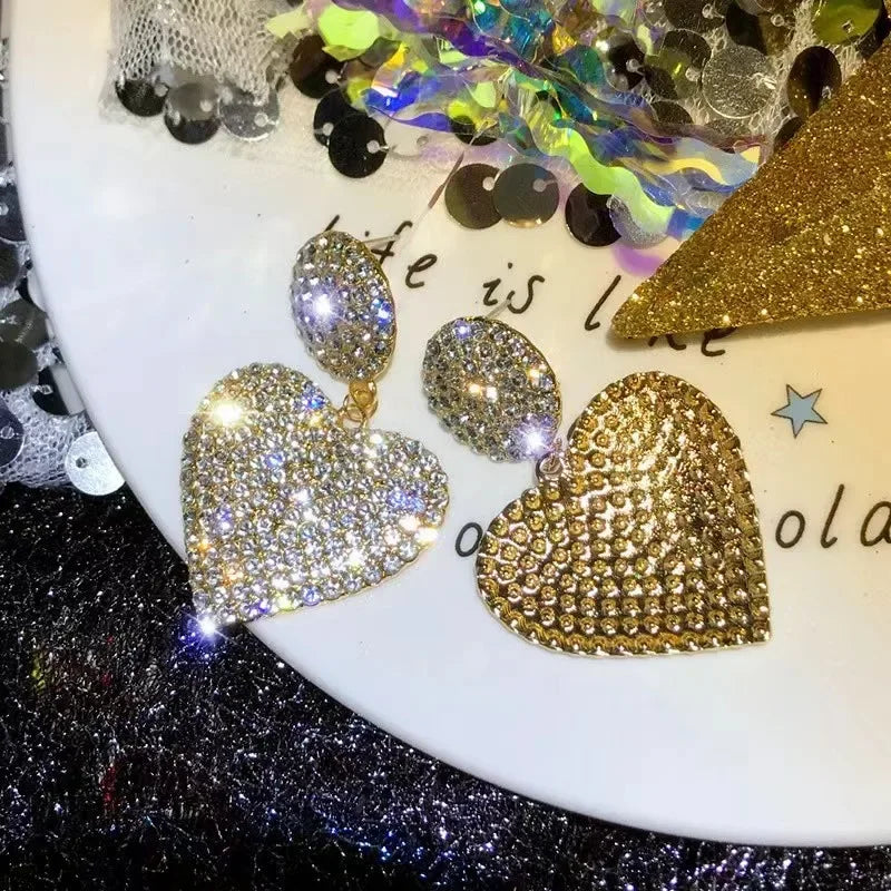 Heart Earrings  Women's Luxurious Geometric Full Rhinestone Earrings Korean Gold Color Love 2023 Fashion Jewelry Accessories
