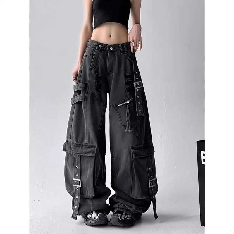 Women Jeans Design Deconstructes Drifting Strips Broken Holes Black Jeans For Women 2025 Spring New Multi Pocket Wide Leg Pants