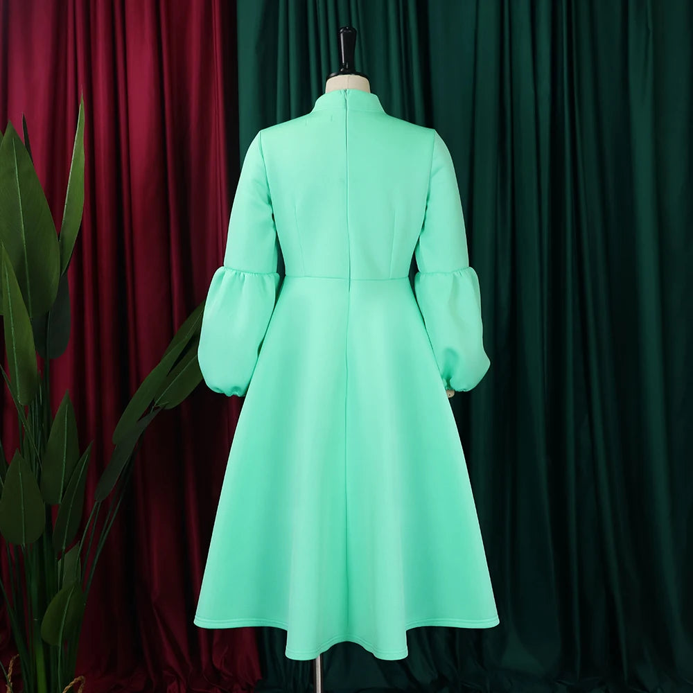 Elegant Dresses for Women Bow Collar Full Sleeve High Waisted A Line Mid Calf Luxury Female Birthday Party Dinner Vestidos Mujer