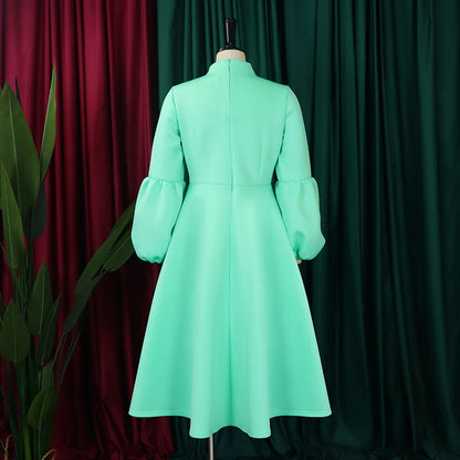 Elegant Dresses for Women Bow Collar Full Sleeve High Waisted A Line Mid Calf Luxury Female Birthday Party Dinner Vestidos Mujer