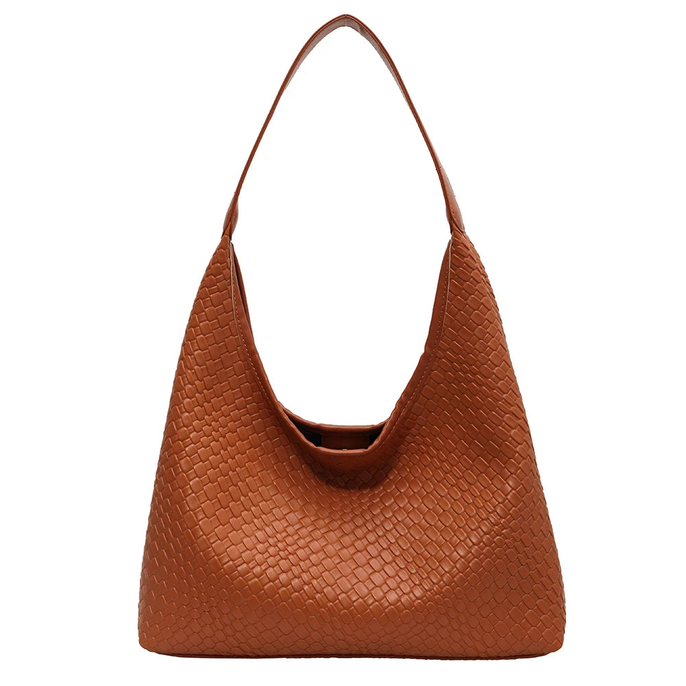 Women Large Shoulder Bag with Pouch Top Handle Bag Trendy PU Woven Tote Bag Leather Armpit Handbag Commuting Bag