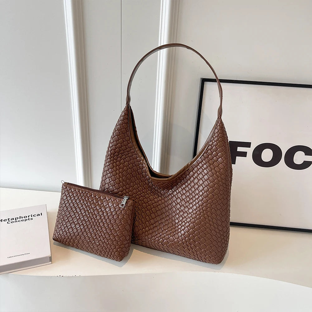 Women Large Shoulder Bag with Pouch Top Handle Bag Trendy PU Woven Tote Bag Leather Armpit Handbag Commuting Bag